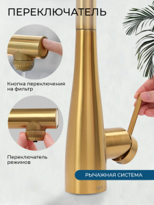 Смеситель для кухни AVS Лайнеа Пьюр Элегант 837-161-BG с вытяжным изливом и подключением к фильтру, брашированное золото