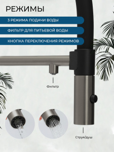 Смеситель для кухни AVS Пьюрривер 811-170-GM с гибким изливом, оружейная сталь