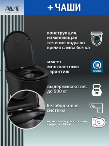 Унитаз подвесной AVS Сити безободковый черный матовый, сиденье микролифт