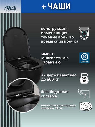 Унитаз подвесной AVS Сити безободковый черный матовый, сиденье микролифт