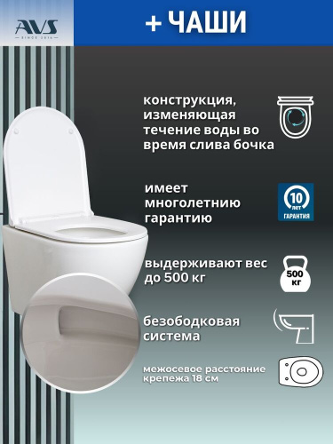 Унитаз подвесной AVS Сити безободковый смыв Торнадо-2 белый, сиденье микролифт