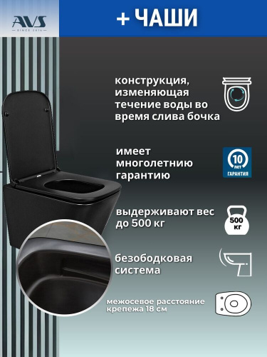 Унитаз подвесной AVS Модерн безободковый смыв Торнадо-2 черный матовый, сиденье микролифт