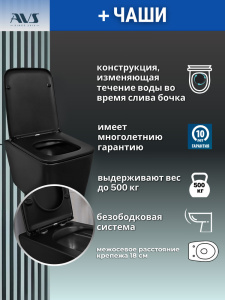 Унитаз подвесной AVS Куб безободковый черный матовый, сиденье микролифт