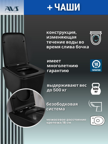 Унитаз подвесной AVS Куб безободковый черный матовый, сиденье микролифт