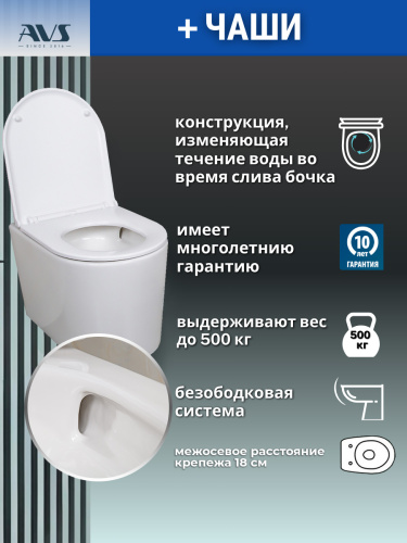 Унитаз подвесной AVS Индекс безободковый смыв Торнадо белый, с сиденьем