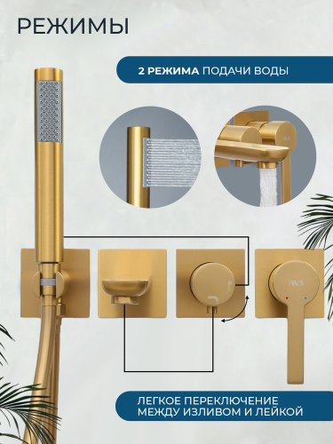 Смеситель для ванны AVS Элегант с ручным душем, брашированное золото