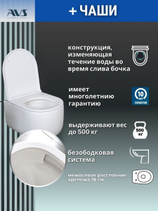 Унитаз подвесной AVS Декарт безободковый смыв Торнадо-2 белый, сиденье микролифт