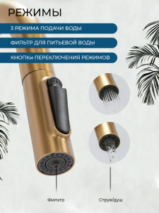 Смеситель для кухни AVS Пьюрривер 811-171-BG с выдвижным изливом, брашированное золото